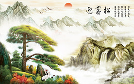 迎客松山水电视背景墙
