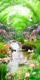 清新花园小溪玄关背景