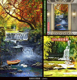 唯美树林小溪风景油画