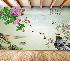 原创牡丹梅花花鸟花开富贵背景墙