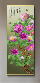 原创玄关牡丹喜鹊花开富贵装饰画