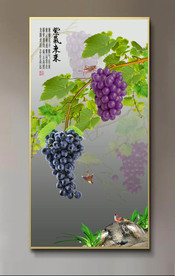 原创玄关葡萄花鸟紫气东来装饰画