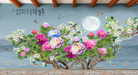 原创牡丹梅花花开富贵背景墙壁画