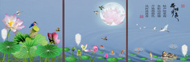 原创荷花鲤鱼三连画荷塘月色壁画