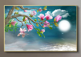 玉兰花夜景花鸟中式电视背景墙