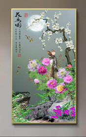 原创玄关梅花牡丹花鸟图装饰画