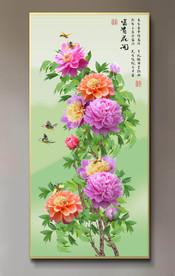 原创玄关牡丹花开富贵背景墙壁画