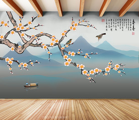 原创手绘梅花花鸟山水背景墙壁画