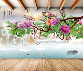 原创牡丹花鸟山水背景墙装饰画