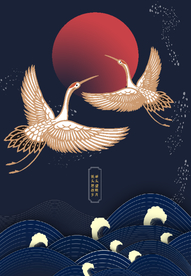 唯美红日大海浪花飞鹤蓝色海报