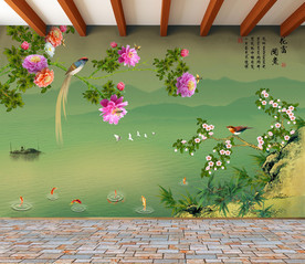 原创牡丹梅花喜鹊花开富贵背景墙