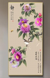 原创玄关牡丹花鸟花开富贵装饰画