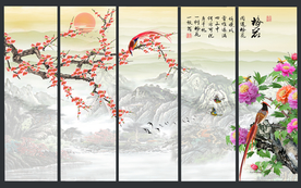 原创梅花喜鹊牡丹花开富贵装饰画