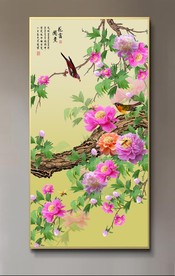 原创玄关牡丹喜鹊花开富贵装饰画