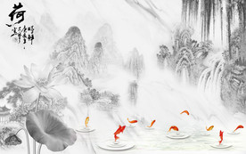 荷花意境山水国画 TIF分层