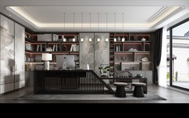 新中式 书房 书桌 现代 书柜