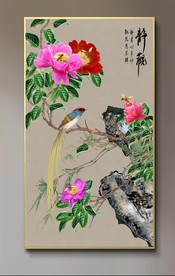 原创玄关牡丹喜鹊静观装饰画壁画