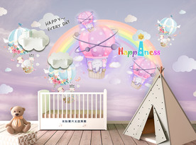 梦幻热气球卡通小象儿童房背景墙
