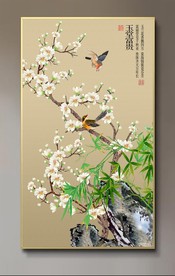 原创玄关玉兰花鸟竹子装饰画