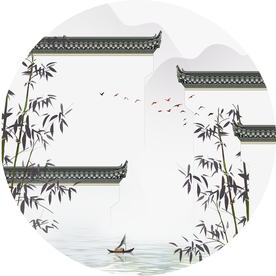 新中式手绘徽派建筑竹子装饰画