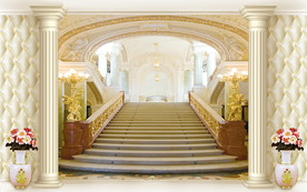 3D罗马柱楼梯电视背景墙