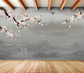 原创手绘梅花山水风景画背景墙