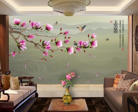 原创玉兰花鸟玉堂富贵背景墙