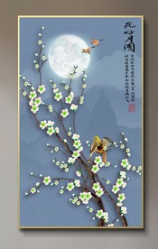 原创玄关梅花花鸟花好月圆装饰画
