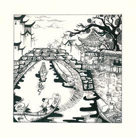 圆珠笔画江南风景