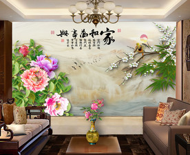 原创手绘牡丹梅花花鸟装饰背景墙