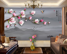 原创玉兰花鸟玉堂富贵背景墙
