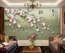 原创玉兰花鸟山水装饰画背景墙