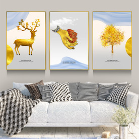 新中式发财鹿发财树三联装饰画