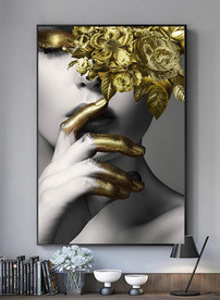 美女金箔花朵黑白装饰画