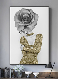 美女花朵金箔黑白装饰画