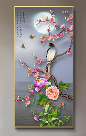 原创手绘梅花牡丹喜鹊玄关装饰画