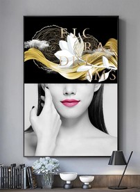 金箔笔刷美女花朵黑白装饰画