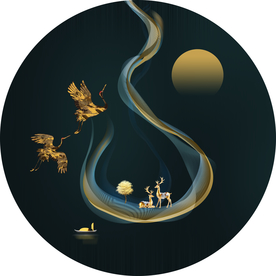 国潮风装饰画山水仙鹤圆形装饰画