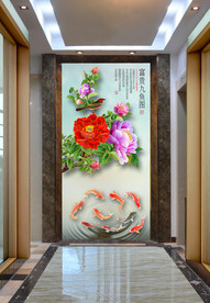 原创玄关手绘牡丹花鸟鲤鱼装饰画