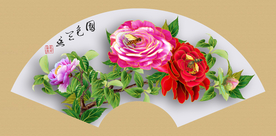 原创手绘牡丹扇形装饰画壁画