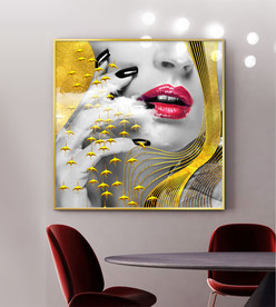 金色线条美女性感红唇黑白装饰画