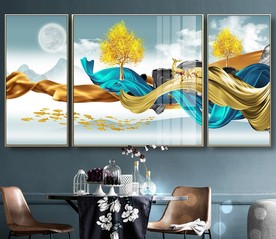 北欧轻奢麋鹿发财鹿三联装饰画图