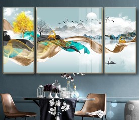 北欧轻奢麋鹿山水三联装饰画