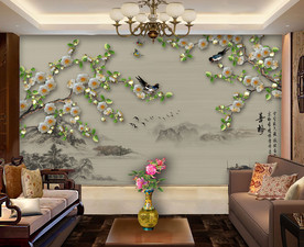 原创梅花喜鹊山水画背景墙