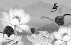 荷花山水画背景墙 TIF分层