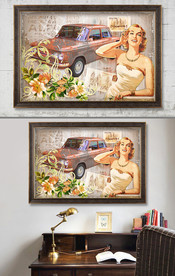 时尚女郎老爷车复古画