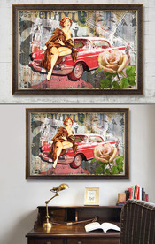 老爷车时尚女郎复古画