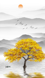 水墨山水发财树客厅装饰画