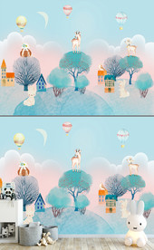 童话小乡村手绘水彩儿童房背景墙