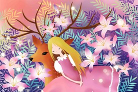 唯美鹿与百合手绘壁画背景墙